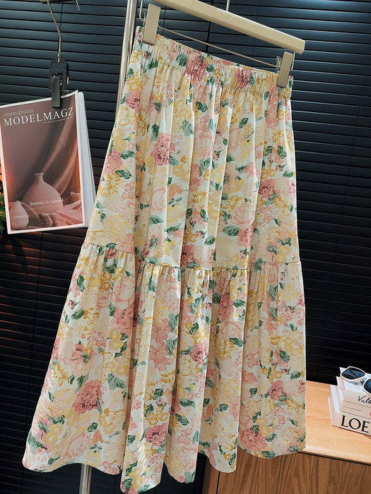 Floral Skirt Women Summer High Waist Slimming Loose Cover A line Skirt Mid Length Skirt-Peony Yellow-Fancey Boutique