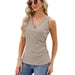 Summer Solid Color V neck Button Cinched Sleeveless Vest Top Ladies-Khaki-Fancey Boutique