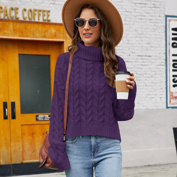 Color-Purple with High Collar Sweater-Thick Hemp Floral Turtleneck Sweater Solid Color Casual Sweater Women Short Loose Pullover Sweater-Fancey Boutique