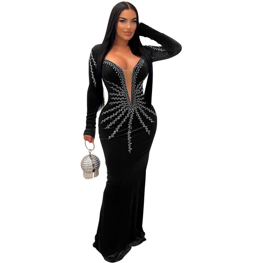 Color-Black-Women Wear Solid Color Sexy Rhinestone Long Sleeve Dress Dress-Fancey Boutique