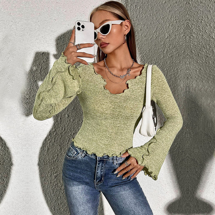 Women Clothing Trendy Elegant T Shirt Autumn Winter Edging Design Short Bell Sleeve Top-Fancey Boutique