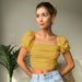 Color-Yellow-Autumn Women Wear Design Pleated Puff Sleeve Shirt Niche Square Collar Shirt-Fancey Boutique