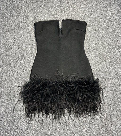 Sexy Dress Sexy Backless Deep V Plunge neck Tube Top Feather Mini Sundress-Black-Fancey Boutique