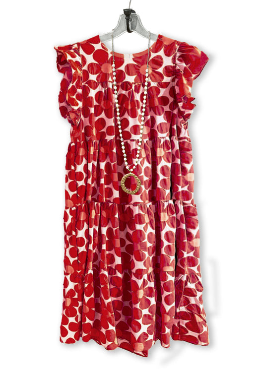 Color-Red-Ladies Floral Casual Flying Sleeves Gathers Ruffled Printed Mid Length Dress-Fancey Boutique