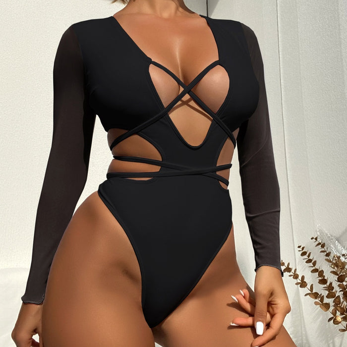 Women Solid Color Long Sleeve One Piece Swimsuit Sexy Bikini-Fancey Boutique
