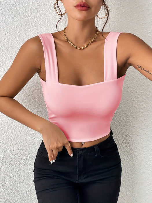 Camisole Wide Shoulder Strap Sleeveless Outerwear Top Sexy Slim Fit Sexy Back-Pink-Fancey Boutique