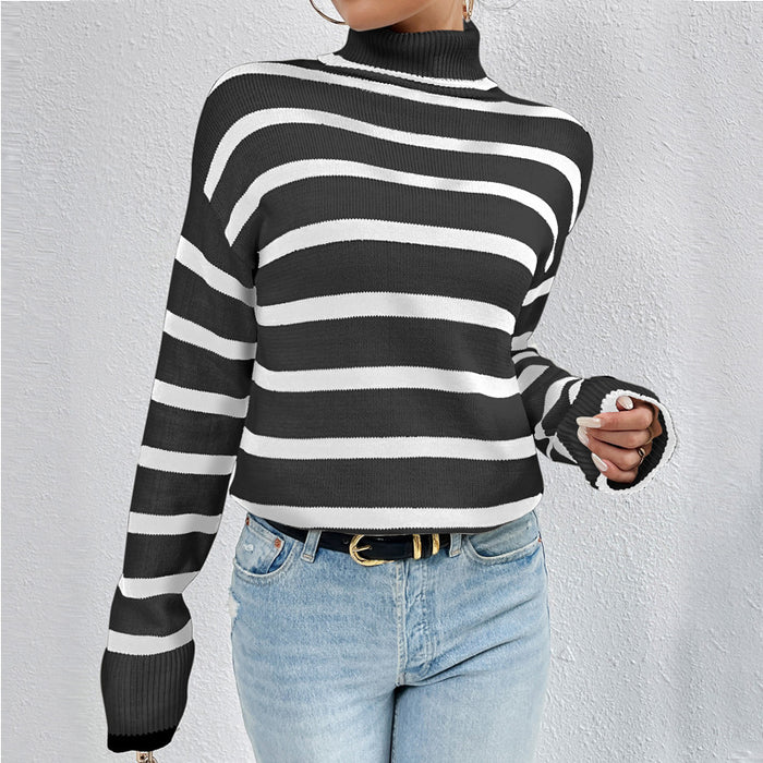 Color-Black Striped Sweater-Contrast Color Striped Sweater Women Fall Winter Slim Inner Knitted Top High Collar Bottoming Sweater-Fancey Boutique