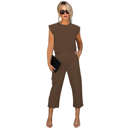 Women Clothing Casual Solid Color Cropped Pants Two Piece Women-Shallow Coffee-Fancey Boutique