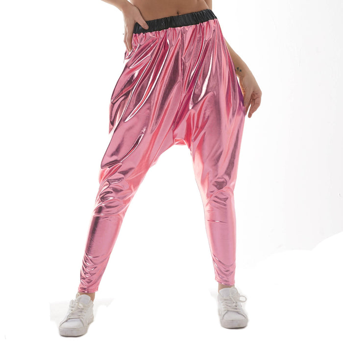 Color-Pink-Metallic Coated Fabric Saggy Pants Street Harem Pants Loose All Match Baggy Pants-Fancey Boutique