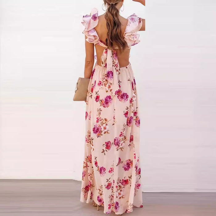 Arrival Women Floral Printing off the Shoulder Stitching Backless Summer Maxi Dress-Fancey Boutique