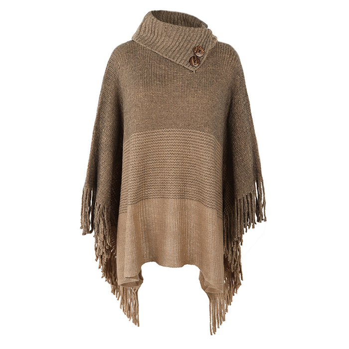 Color-Khaki-Autumn Winter Tassel Cape Shawl Sweater Contrast Color Knitwear Women-Fancey Boutique