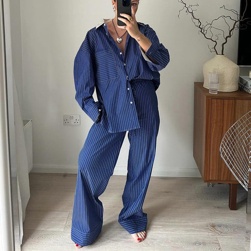 French Blue Striped Casual Suit Spring Autumn Niche Black White Contrast Color Lapels Two Piece Set Women-Fancey Boutique