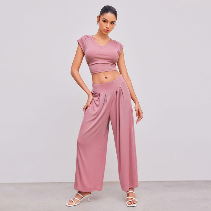 Women Casual Simple Suit Summer Top Wide Leg Pants Two Piece Set-Pink-Fancey Boutique