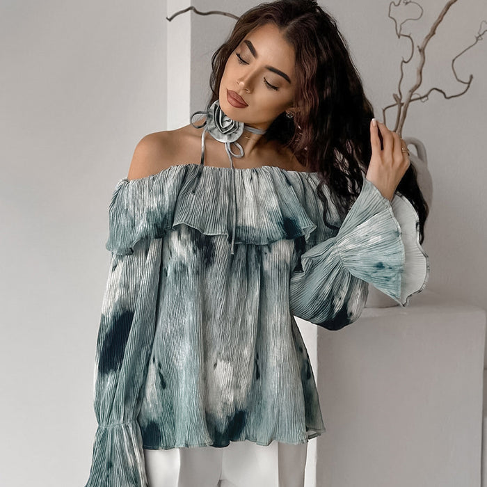 French Design Tie Dyed off Neck Bell Sleeve Shirt Autumn Arrival Top for Women