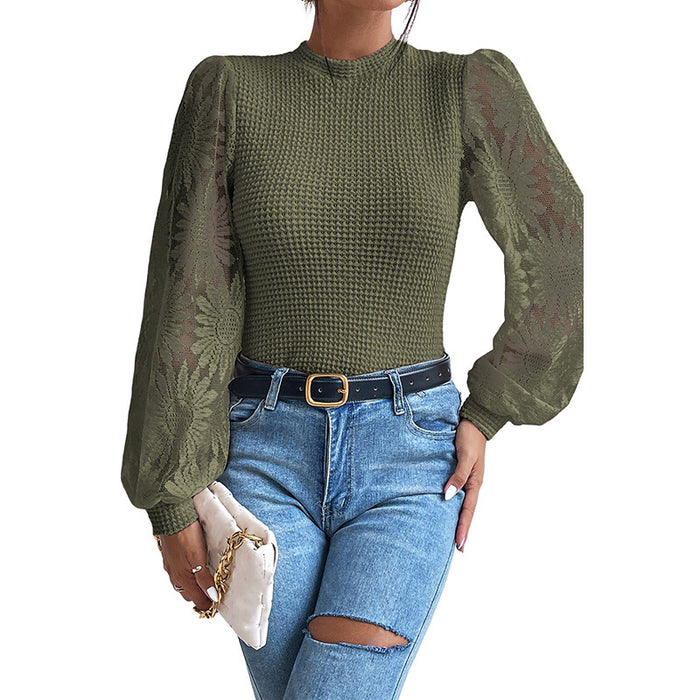 Color-Green-P609-Office Lace Stitching Hollow Out Cutout Pullover Women Autumn Slim Fit Slimming Sweater Women-Fancey Boutique