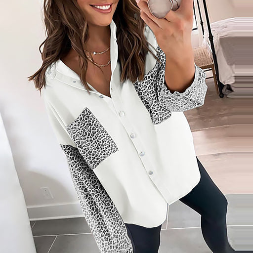 Color-White-Autumn Shacket Women Long Sleeve Pocket Leopard Print Printing Collared Cardigan Top-Fancey Boutique