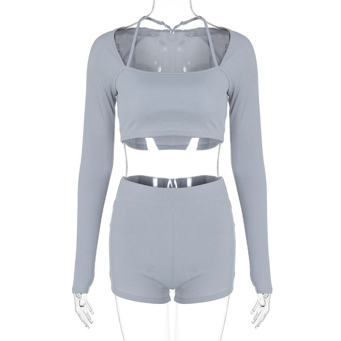 Color-Gray-Autumn Winter Women Knitted Thread High Elastic Beauty Back Exercise Fitness Two Piece Suit Women-Fancey Boutique