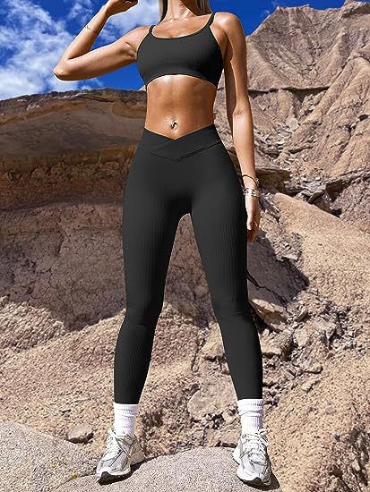 Color-Black-Yoga Leggings Ribbed High Waist Cross Sports Workout Leggings Casual Trousers-Fancey Boutique