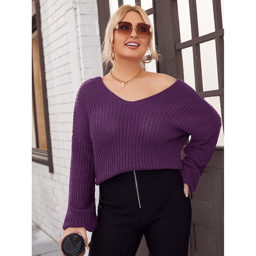 Color-Purple-Plus Size Real Shot Women Clothing Autumn Winter V neck Knitted Sweater for Women-Fancey Boutique