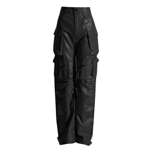 Color-Black-Unique Design Trousers Autumn High Waist Large Pocket Faux Leather Straight Leg Pants Profile Women-Fancey Boutique