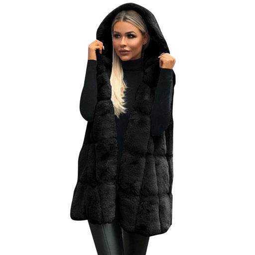 Color-Black-Faux Fur Hooded Vest Popular Autumn Winter Hooded Faux Fur Vest Women Imitation-Fancey Boutique