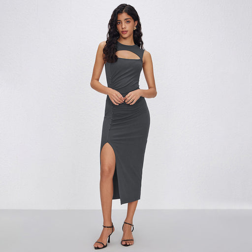 Sexy Slim Sexy Hollow Out Cutout Design Sneaky Design Side Split Dress-Gray-Fancey Boutique