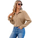 Color-Khaki-Women V Neck Button Down Shirt Solid Color Bubble Wrinkle Loose Long Sleeve Shirt Top-Fancey Boutique