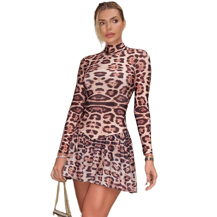 Women Autumn Printed Sexy Slim Fit Leopard Print Long Sleeve Dress-Camel-Fancey Boutique