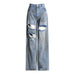 Spring Niche Design Mid Waist Personality Ripped Edging Painted Long Denim Wide Leg Pants for Women-Fancey Boutique