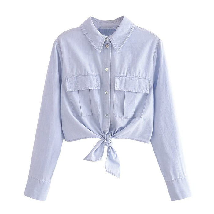 Color-Blue-Summer Women Clothing Street Casual All Matching Short Bow Tie Shirt-Fancey Boutique