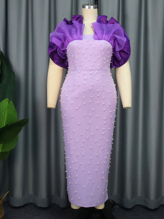 Color-Purple-Model Mesh Stitching Dress Sexy Socialite Backless Beaded Dress-Fancey Boutique