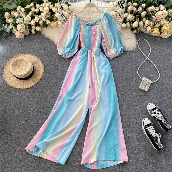 Vacation Jumpsuit Early Autumn Women Clothing Design Gradient Rainbow Sweet Puff Sleeve Waist Wide Leg Pants-Blue-Fancey Boutique