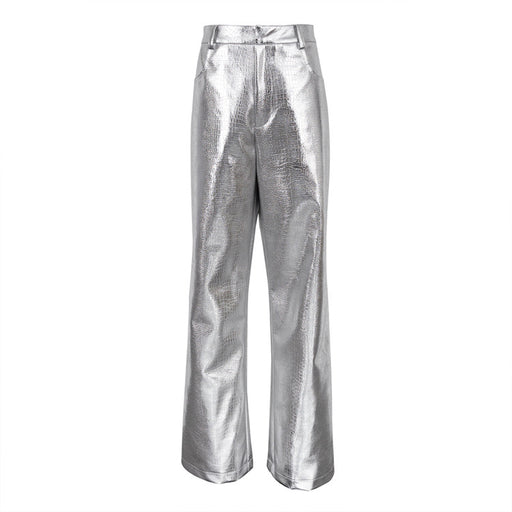 Color-Silver-Metallic Coated Fabric Autumn Winter Silver Pants Scale Pattern High Waist Long Straight Pants for Women-Fancey Boutique