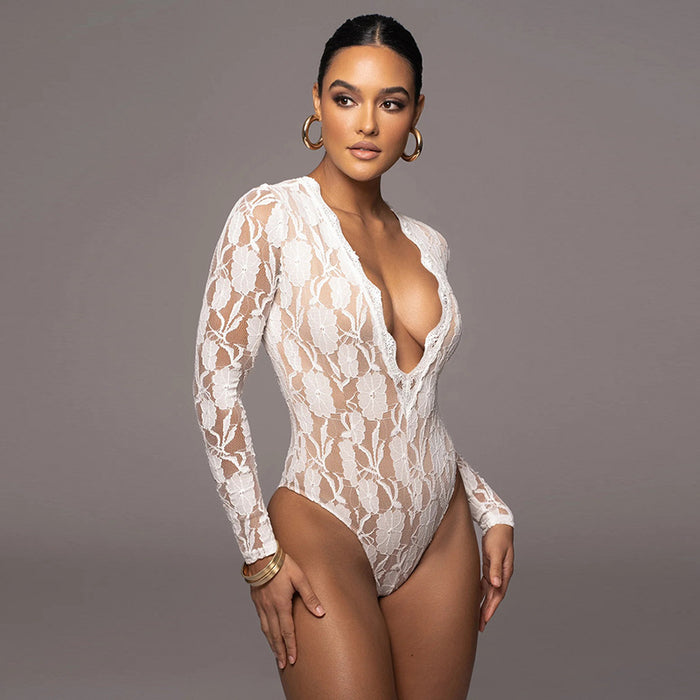 Color-White-Women Clothing Sexy Lace See through Long Sleeve Tight Sexy Lace Sexy Jumpsuit Top-Fancey Boutique