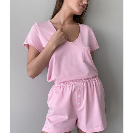 V neck Shorts Pajamas Suit Spring Summer Casual Loose Comfortable Cotton Short Sleeved T shirt Suit-Pink-Fancey Boutique