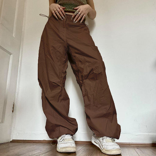 Color-Brown-Summer Girls Street Retro Casual Low Waist Drawstring Loose Woven Pants-Fancey Boutique