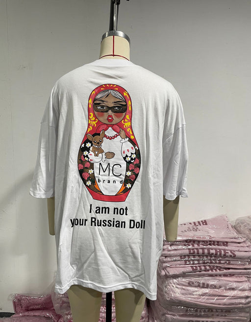 Short Sleeve Top Women Loose Casual Russian Matryoshka Doll Printed Design Round Neck T Shirt-White-Fancey Boutique