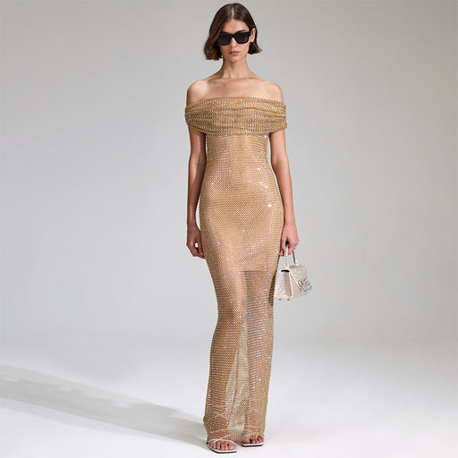 Color-Gold-Autumn Dress off Shoulder Dress See through Sexy Dress-Fancey Boutique