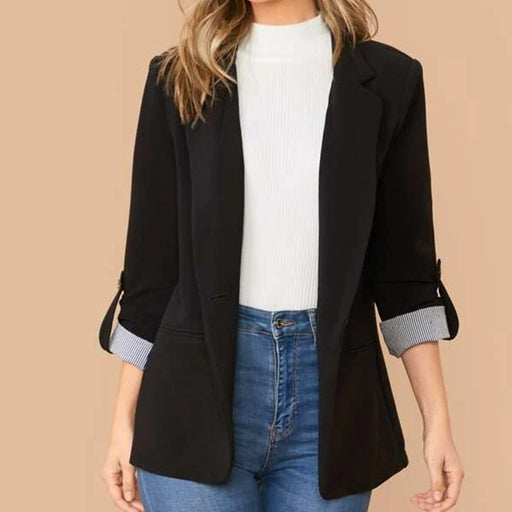 Color-Black-Fall Winter Stitching Collared Slim Fit Graceful Blazer Outerwear-Fancey Boutique