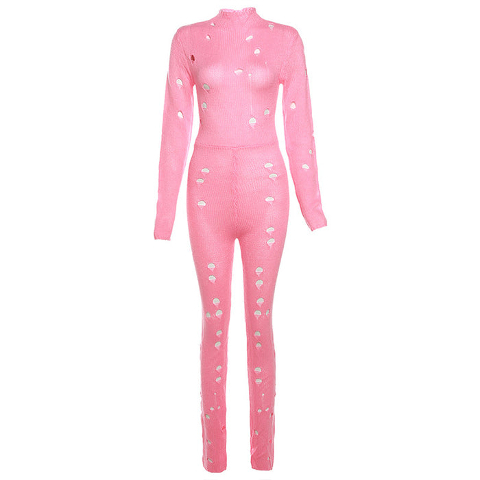 Color-Pink-Autumn Winter Arrival Women Clothing Tie Ripped Slim Knit Bottoming Woolen Jumpsuit for Women-Fancey Boutique