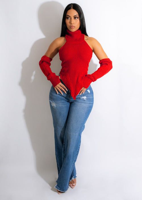 Color-Red-5-Autumn Winter Knitting Hand Crochet Turtleneck Faux Sleeve Finger Hole Irregular Asymmetric Top-Fancey Boutique