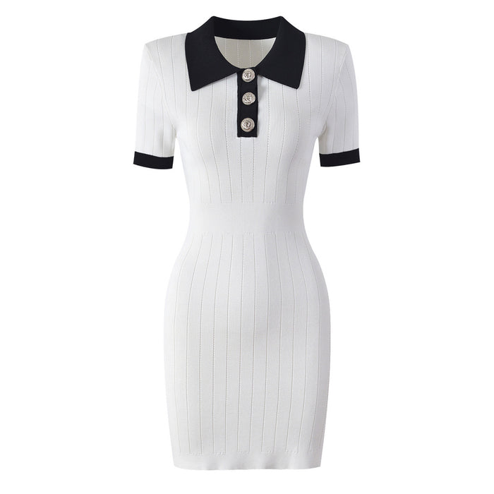 Color-White-High Quality Knitted Material Collared Slim Slimming Short Sleeve Dress-Fancey Boutique