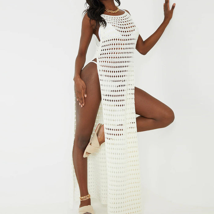 Women Dress Split Woolen Dress Sexy Spaghetti Straps Knitted Maxi Dress Vacation Dress-White-Fancey Boutique