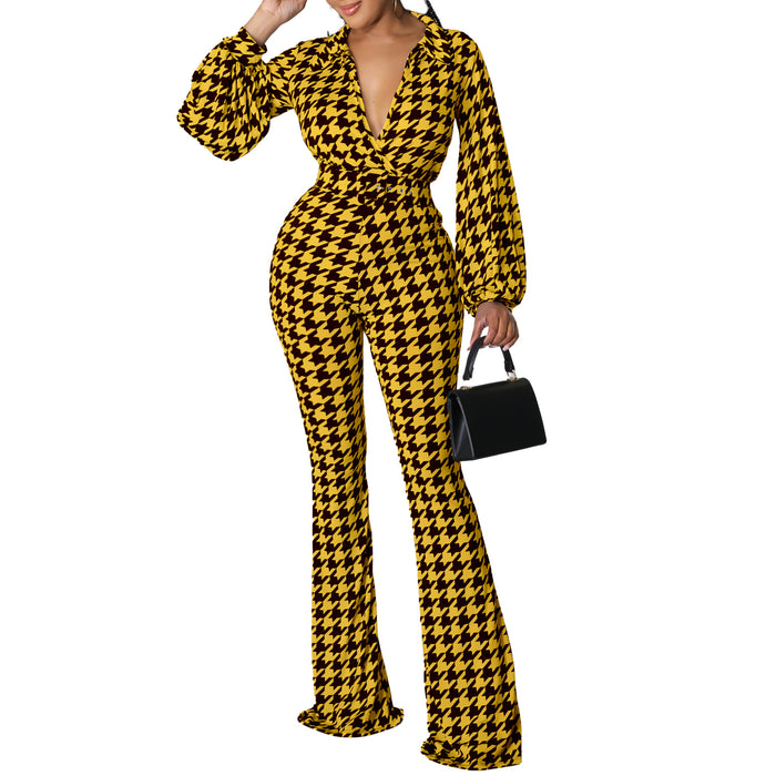 Color-Yellow-Women Clothing Autumn Winter V Neck Puff Sleeve Waist Trimming Printing Wide Leg African Jumpsuit-Fancey Boutique