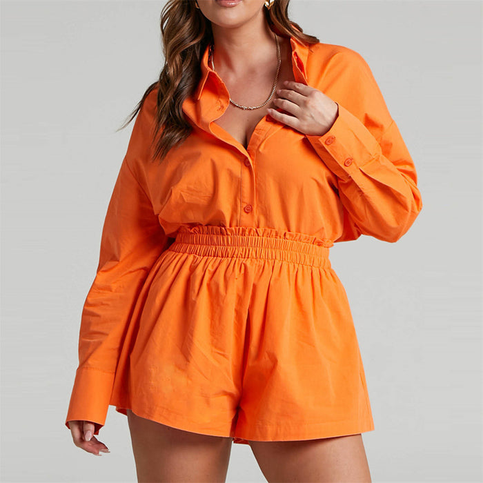 Color-Orange-Single Breasted Collared Shirt Shorts Loose Casual Two Piece Suit Women-Fancey Boutique