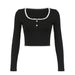 Fresh Sent Lace Square Collar Breasted Bottoming Long Sleeve Spring Autumn Basic All Matching Slim Fit Short Top-Black-Fancey Boutique