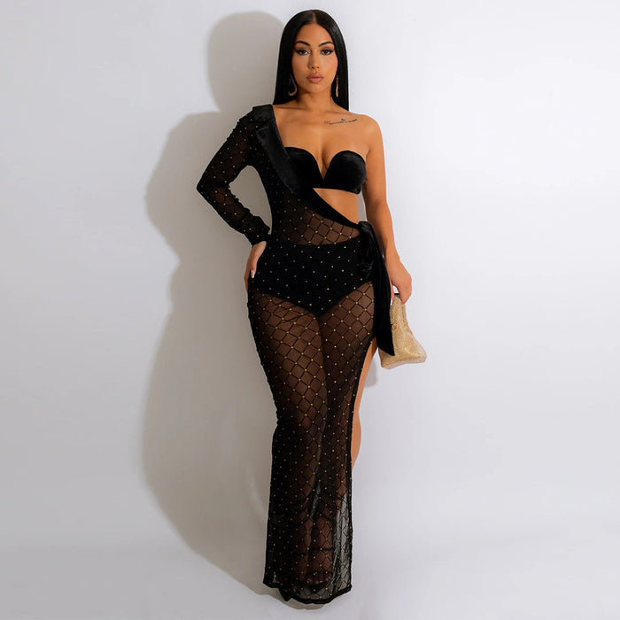 Color-Black-Sexy See through One Shoulder Irregular Asymmetric Lace up Long Skirt Underwear Underwear Three Piece Set High Split-Fancey Boutique