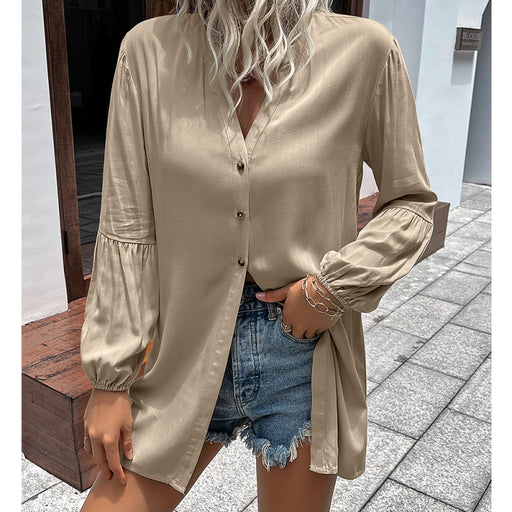 Color-Khaki-Autumn Winter Casual Loose Single Breasted Shirt Women-Fancey Boutique