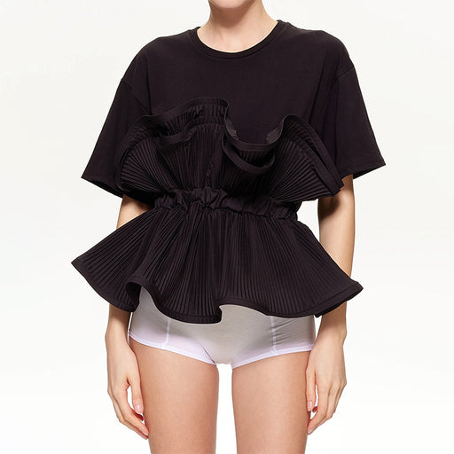 Summer Elegant Slim Fit Slimming round Neck Ruffled Stitching Design Short Sleeve Women T shirt-Black-Fancey Boutique