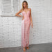 Color-Pink-Sexy Bandage Dress Sling Deep V Plunge Cropped Outfit Tassel See Through Party Dress-Fancey Boutique